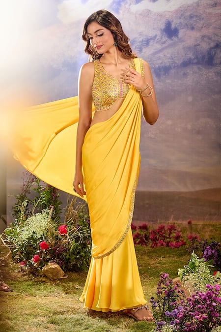 Aariyana Couture_Yellow Georgette, Chiffon Embroidery, Mirrors Keyhole Neck Work Pant Saree Set _at_Aza_Fashions