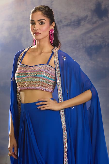Shop_Aariyana Couture_Blue Georgette Sequins, Beads, Embroidery Sweetheart Neck Cape Draped Skirt Set _Online_at_Aza_Fashions