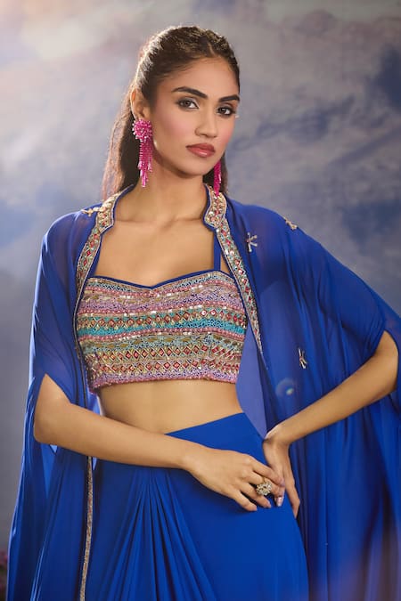 Buy_Aariyana Couture_Blue Georgette Sequins, Beads, Embroidery Sweetheart Neck Cape Draped Skirt Set 
