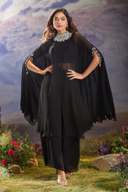 Buy_Aariyana Couture_Black Georgette Crystal Embellished Layered Cape Set _Online_at_Aza_Fashions
