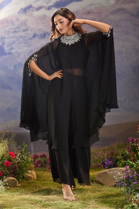 Aariyana Couture Crystal Embellished Layered Cape Set 