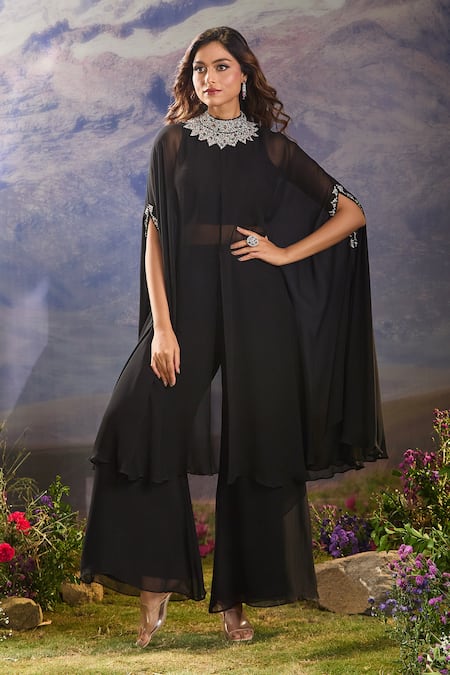 Shop_Aariyana Couture_Black Georgette Crystal Embellished Layered Cape Set 