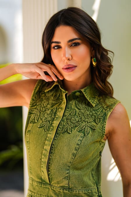 Buy Kay Kay Green Denim, Cotton Embroidery Collared Floral Maxi Dress Buy_Kay Kay_Green Denim, Cotton Embroidery Collared Floral Maxi Dress