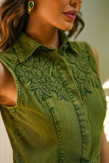 Shop Kay Kay Green Denim, Cotton Embroidery Collared Floral Maxi Dress Shop_Kay Kay_Green Denim, Cotton Embroidery Collared Floral Maxi Dress