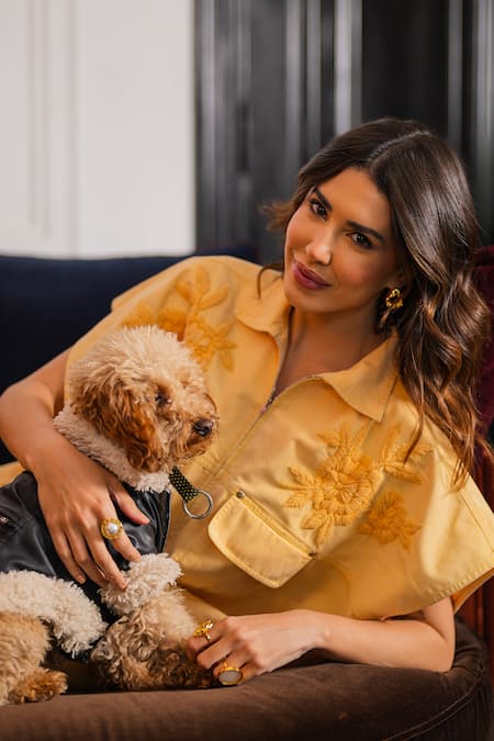 Shop Kay Kay Yellow Denim Embroidery Collared Floral Set Online at Aza Fashions Shop_Kay Kay_Yellow Denim Embroidery Collared Floral Set _Online_at_Aza_Fashions