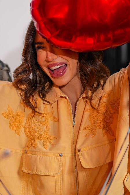 Buy Kay Kay Yellow Denim Embroidery Collared Floral Set Buy_Kay Kay_Yellow Denim Embroidery Collared Floral Set