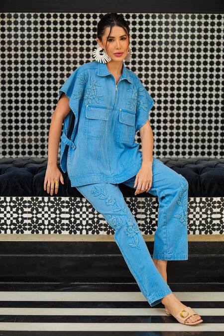 Buy_Kay Kay_Blue Denim Embroidery Collared Floral Top And Pant Set _Online_at_Aza_Fashions