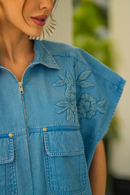 Shop_Kay Kay_Blue Denim Embroidery Collared Floral Top And Pant Set _Online_at_Aza_Fashions
