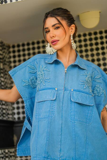 Kay Kay_Blue Denim Embroidery Collared Floral Top And Pant Set _at_Aza_Fashions
