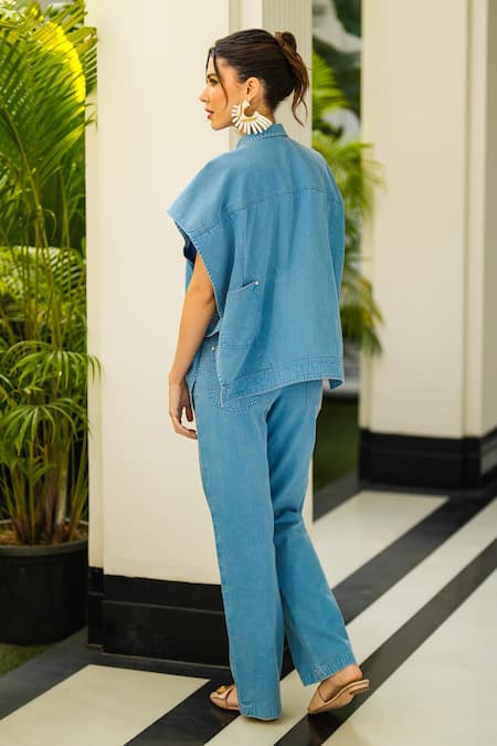 Kay Kay Floral Embroidered Denim Top & Pant Set 