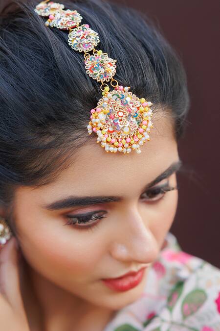 Kanyaadhan By Dhirajaayushi_Multi Color Diamonds, Tassels, Stones Floral Embroidered Earring And Mangtikka Set _Online_at_Aza_Fashions
