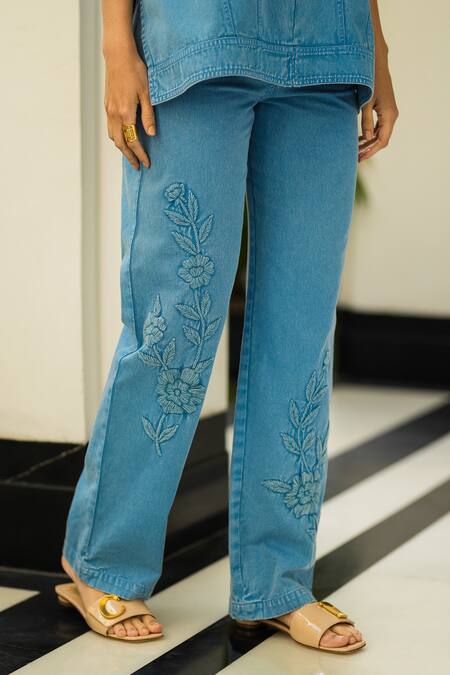 Shop_Kay Kay_Blue Denim Embroidery Collared Floral Top And Pant Set 