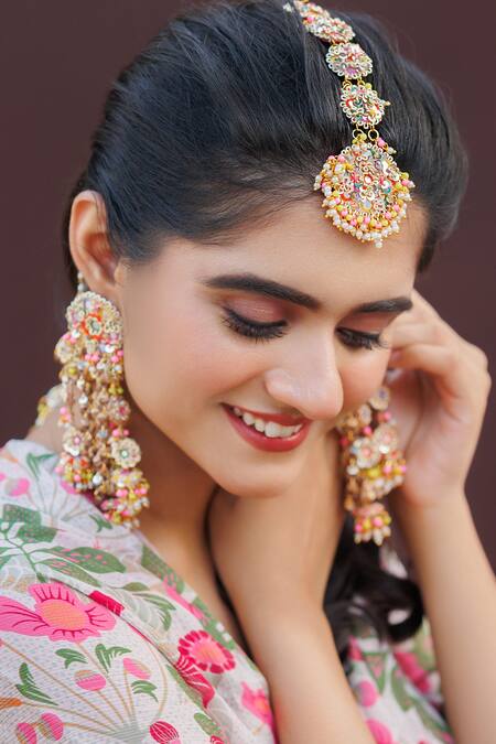 Buy_Kanyaadhan By Dhirajaayushi_Multi Color Diamonds, Tassels, Stones Floral Embroidered Earring And Mangtikka Set _Online_at_Aza_Fashions