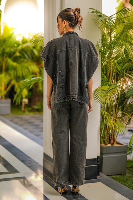 Kay Kay Black Floral Embroidered Denim Pant Set 