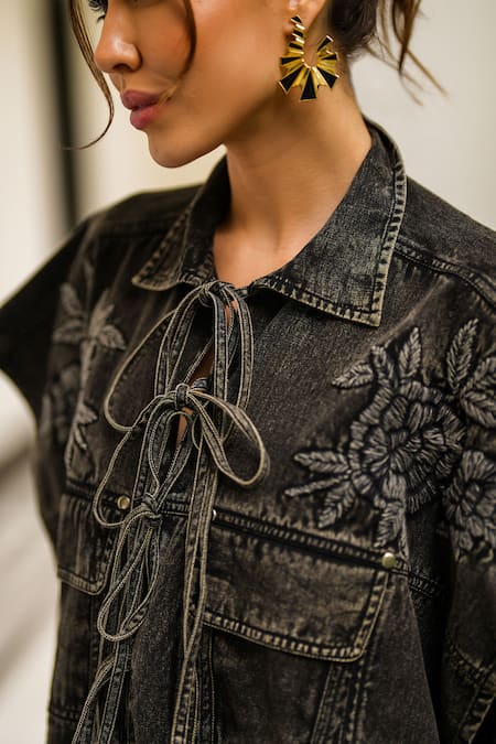 Shop Kay Kay Black Denim Embroidery Collared Floral Pant Set Online at Aza Fashions Shop_Kay Kay_Black Denim Embroidery Collared Floral Pant Set _Online_at_Aza_Fashions