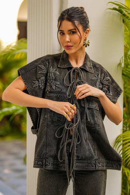 Kay Kay Black Denim Embroidery Collared Floral Pant Set at Aza Fashions Kay Kay_Black Denim Embroidery Collared Floral Pant Set _at_Aza_Fashions