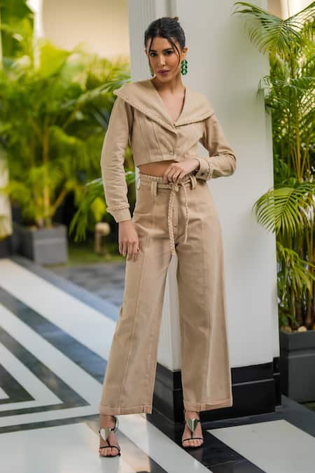 Shop_Kay Kay_Beige Denim Collared Hooded Crop Top And Pant Set _Online_at_Aza_Fashions
