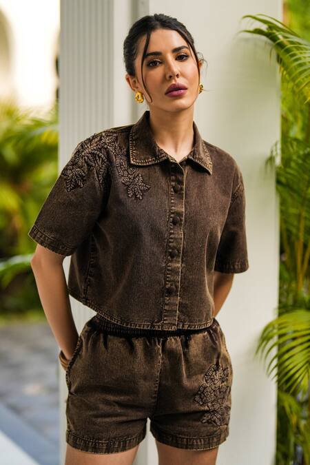 Buy Kay Kay Brown Denim Embroidery Collared Floral Crop Shirt And Shorts Online at Aza Fashions Buy_Kay Kay_Brown Denim Embroidery Collared Floral Crop Shirt And Shorts _Online_at_Aza_Fashions