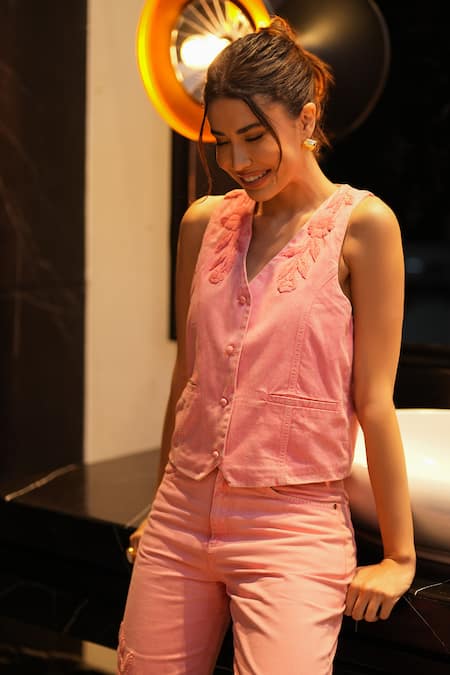 Shop_Kay Kay_Pink Denim Embroidery V-neck Floral Vest Top And Pant Set _Online_at_Aza_Fashions