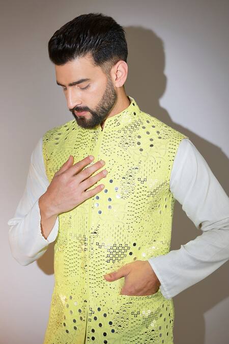 Kasbah Yellow Silk Mirrors, Sequins And Embroidered Bundi Online at Aza Fashions Kasbah_Yellow Silk Mirrors, Sequins And Embroidered Bundi _Online_at_Aza_Fashions