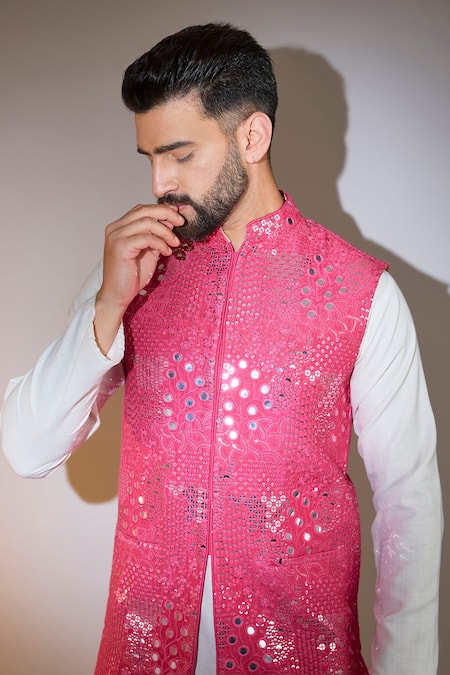 Kasbah_Pink Silk Mirrors, Sequins Hot Embroidered Bundi _Online_at_Aza_Fashions