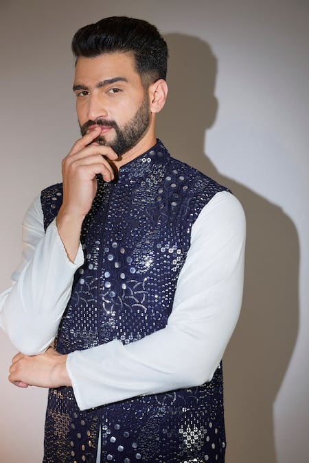 Kasbah_Blue Silk Mirrors, Sequins And Embroidered Bundi _Online_at_Aza_Fashions