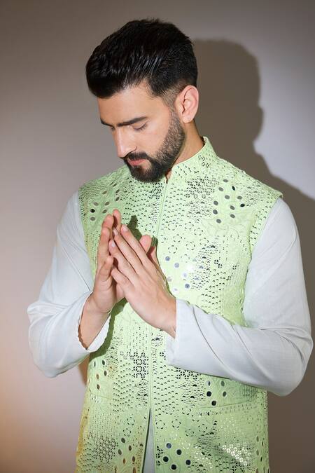 Kasbah_Green Silk Mirrors, Sequins Embroidered Bundi _Online_at_Aza_Fashions