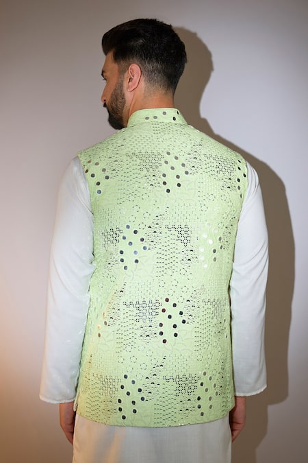 Shop_Kasbah_Green Silk Mirrors, Sequins Embroidered Bundi _at_Aza_Fashions