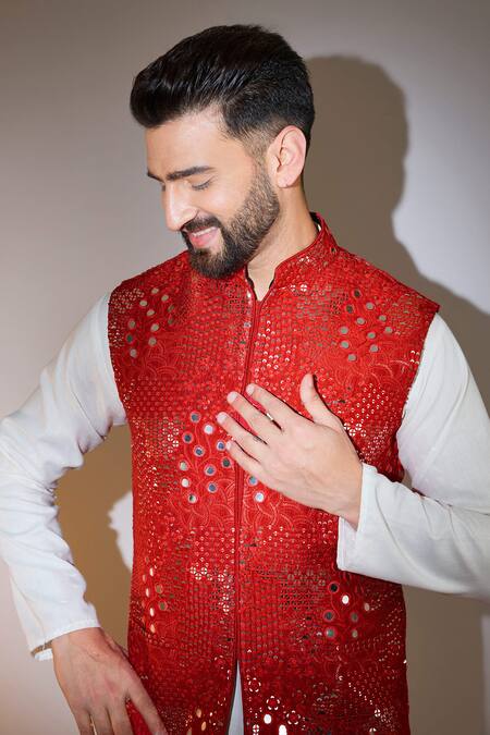 Kasbah_Red Silk Mirrors, Sequins And Embroidered Bundi _Online_at_Aza_Fashions