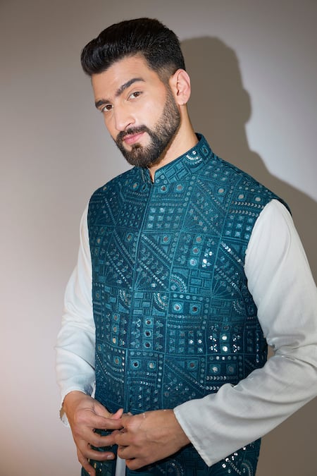 Kasbah_Blue Silk Mirrors, Sequins Teal And Embroidered Bundi _Online_at_Aza_Fashions