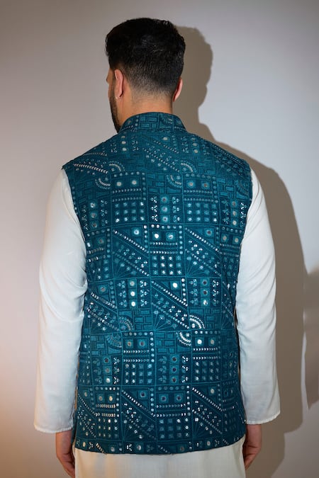 Kasbah Teal Blue Mirror & Sequin Embroidered Bundi 
