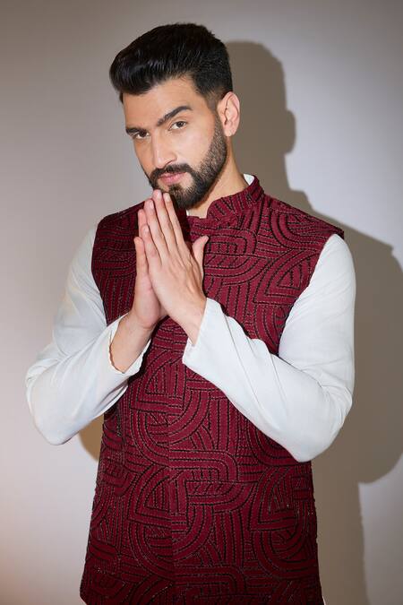 Kasbah_Maroon Silk Cut Work Cutdana Maze Pattern Embroidered Bundi _Online_at_Aza_Fashions