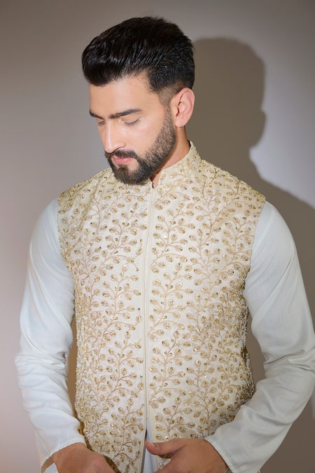 Kasbah_Gold Viscose Sequins, Cut Work Vine Embroidered Bundi _Online_at_Aza_Fashions