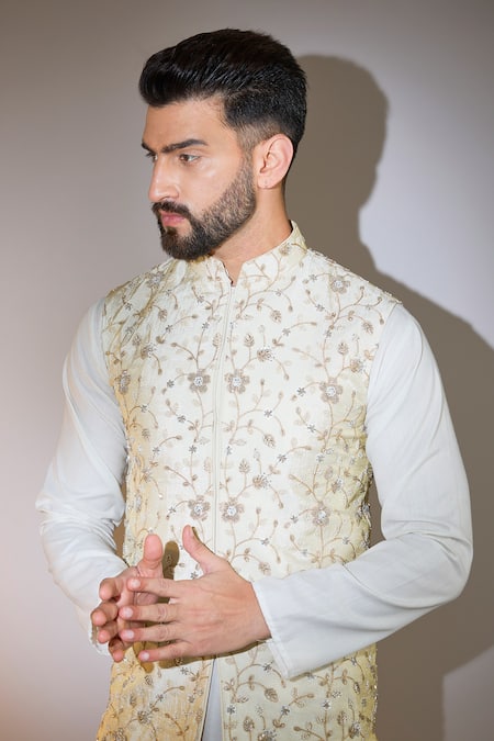 Kasbah_Gold Viscose Sequins, Cut Work Floral Vine Embroidered Bundi _Online_at_Aza_Fashions