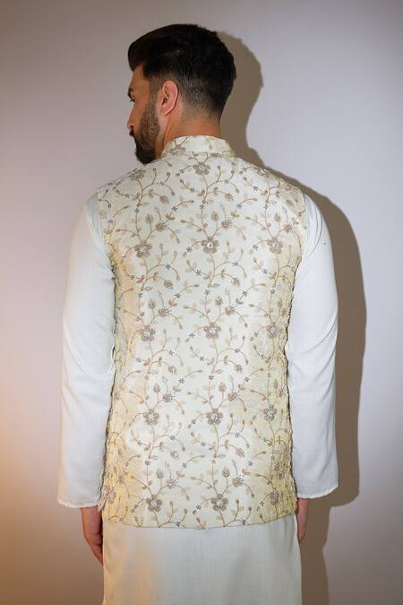 Shop_Kasbah_Gold Viscose Sequins, Cut Work Floral Vine Embroidered Bundi _at_Aza_Fashions