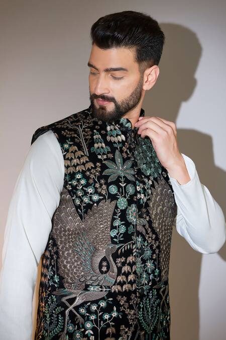 Kasbah_Black Velvet Sequins, Embroidery Mughal Bagh Bundi _Online_at_Aza_Fashions