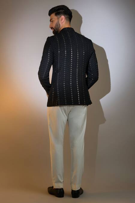 Shop_Kasbah_Black Silk Cut Work, Sequins, Embroidery Chevron Bandhgala _at_Aza_Fashions