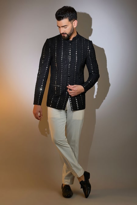 Kasbah_Black Silk Cut Work, Sequins, Embroidery Chevron Bandhgala _Online_at_Aza_Fashions