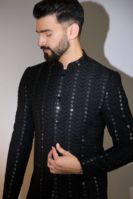 Buy_Kasbah_Black Silk Cut Work, Sequins, Embroidery Chevron Bandhgala _Online_at_Aza_Fashions