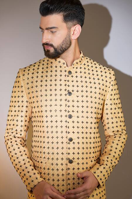 Buy Kasbah Beige Silk Cut Work Cutdana Embroidered Bandhgala Online at Aza Fashions Buy_Kasbah_Beige Silk Cut Work Cutdana Embroidered Bandhgala _Online_at_Aza_Fashions