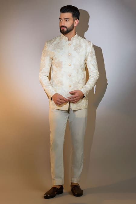 Kasbah_Ivory Silk Embroidery Blossom Bandhgala _Online_at_Aza_Fashions