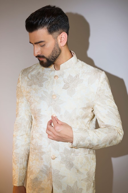 Buy_Kasbah_Ivory Silk Embroidery Blossom Bandhgala _Online_at_Aza_Fashions