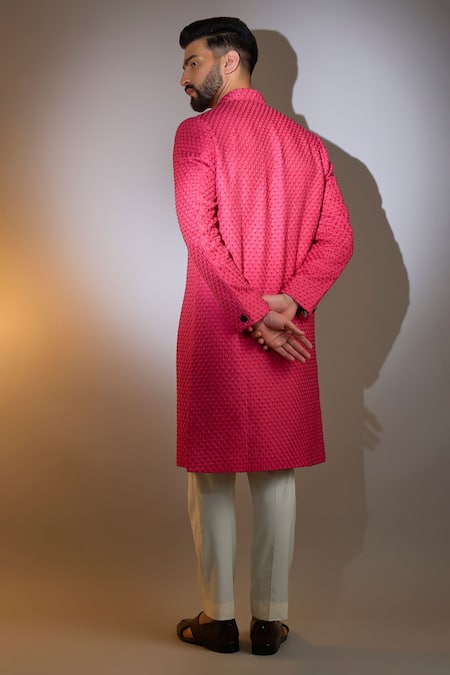 Shop_Kasbah_Pink Silk Cut Work Cutdana Bloom Embroidered Sherwani _at_Aza_Fashions