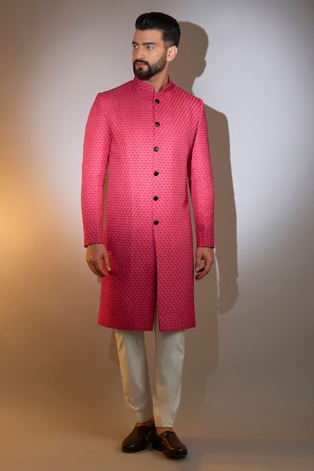Kasbah_Pink Silk Cut Work Cutdana Bloom Embroidered Sherwani _Online_at_Aza_Fashions