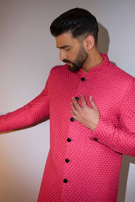 Buy_Kasbah_Pink Silk Cut Work Cutdana Bloom Embroidered Sherwani _Online_at_Aza_Fashions