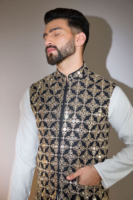 Kasbah_Black Georgette Mirrors, Zari Embroidered Bundi _Online_at_Aza_Fashions