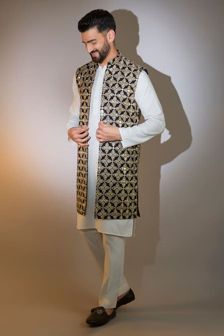 Kasbah Black Georgette Mirrors, Zari And Embroidered Long Bundi Online at Aza Fashions Kasbah_Black Georgette Mirrors, Zari And Embroidered Long Bundi _Online_at_Aza_Fashions