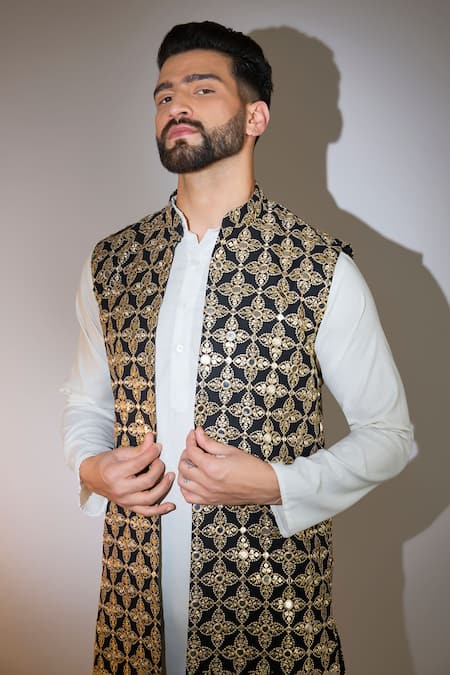 Buy Kasbah Black Georgette Mirrors, Zari And Embroidered Long Bundi Online at Aza Fashions Buy_Kasbah_Black Georgette Mirrors, Zari And Embroidered Long Bundi _Online_at_Aza_Fashions