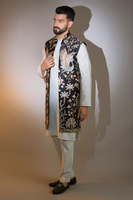 Kasbah_Black Silk Embroidery Mughal Bagh Thread Long Bundi _Online_at_Aza_Fashions