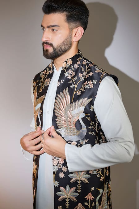 Buy_Kasbah_Black Silk Embroidery Mughal Bagh Thread Long Bundi _Online_at_Aza_Fashions